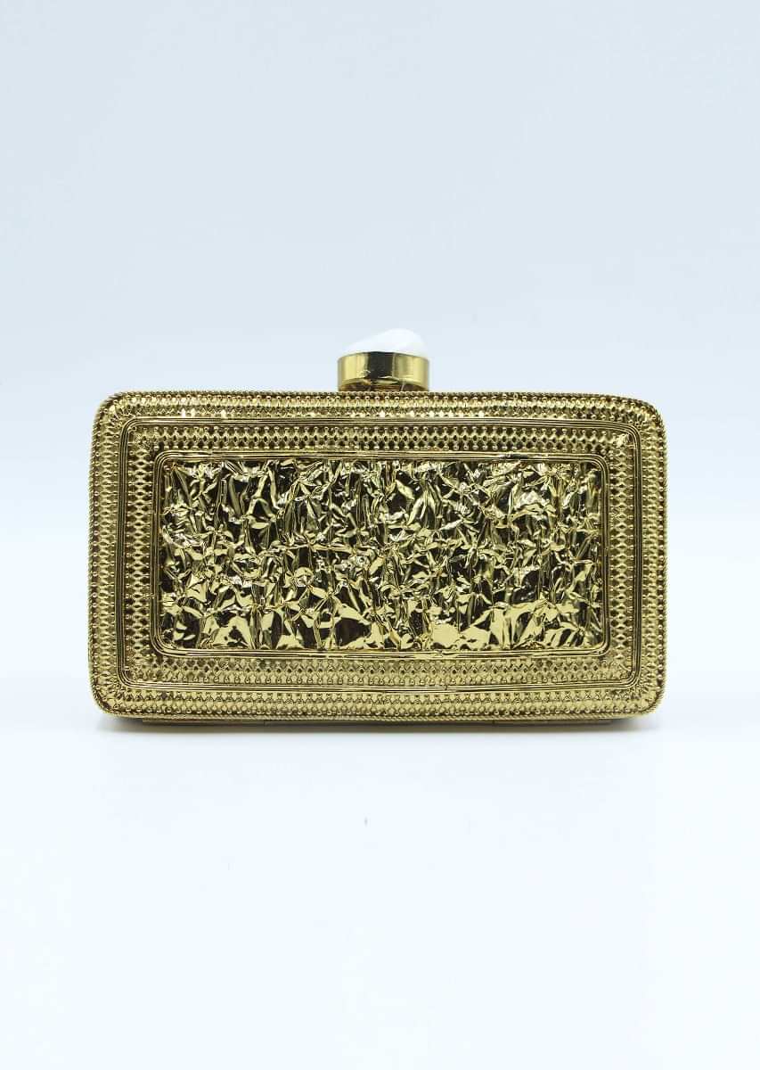 Metal coated rectangular clutch box with adorn with semi precious stone