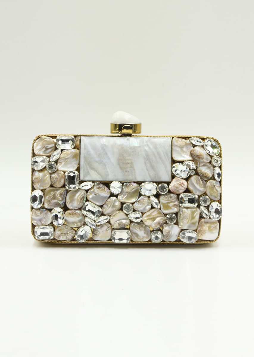 Metal coated rectangular clutch box with adorn with semi precious stone