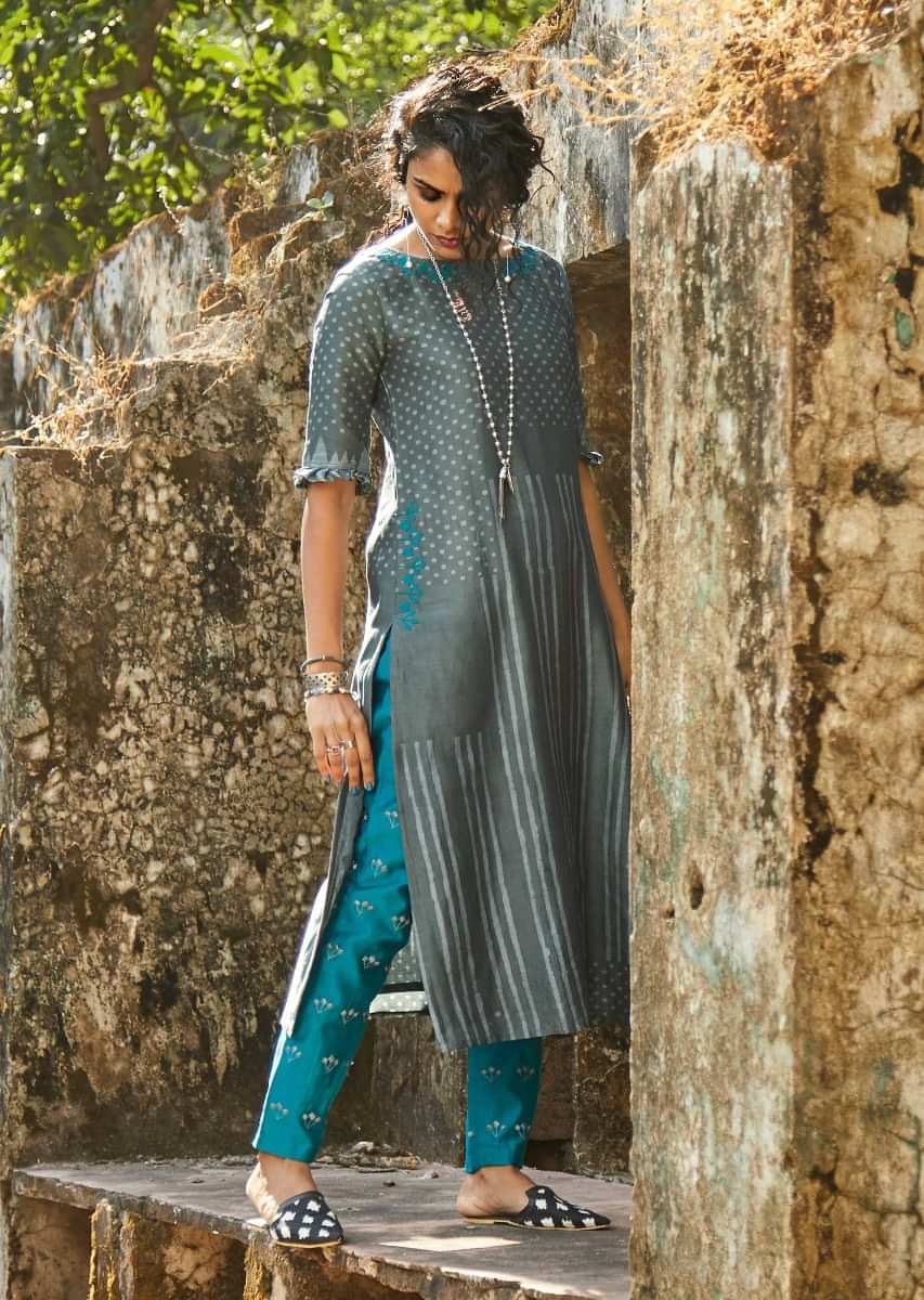 Buy Metal Grey Straight Cut Suit In Cotton With Batik Print And