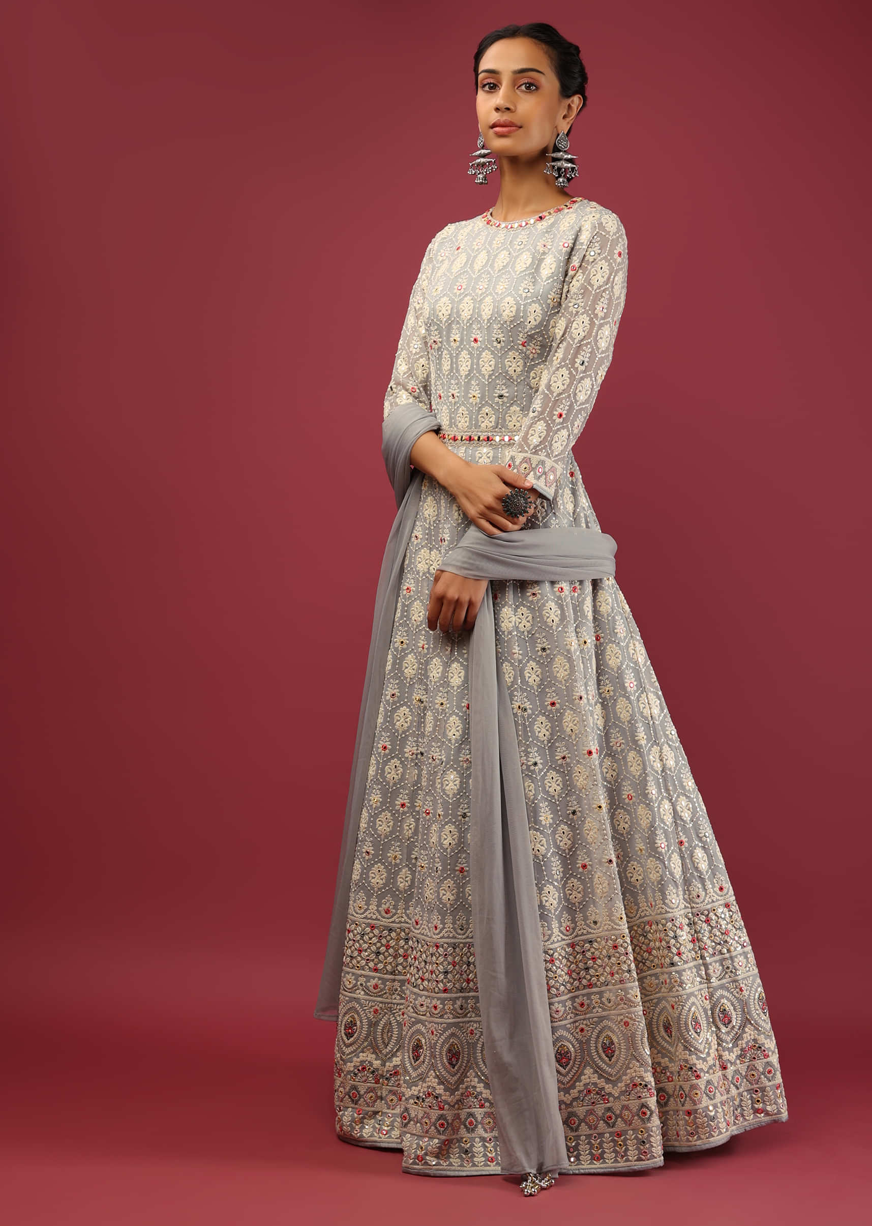 Metal Grey Anarkali Suit In Georgette With Lucknowi Thread Embroidered Moroccan Jaal And Multi Colored Abla Accents  