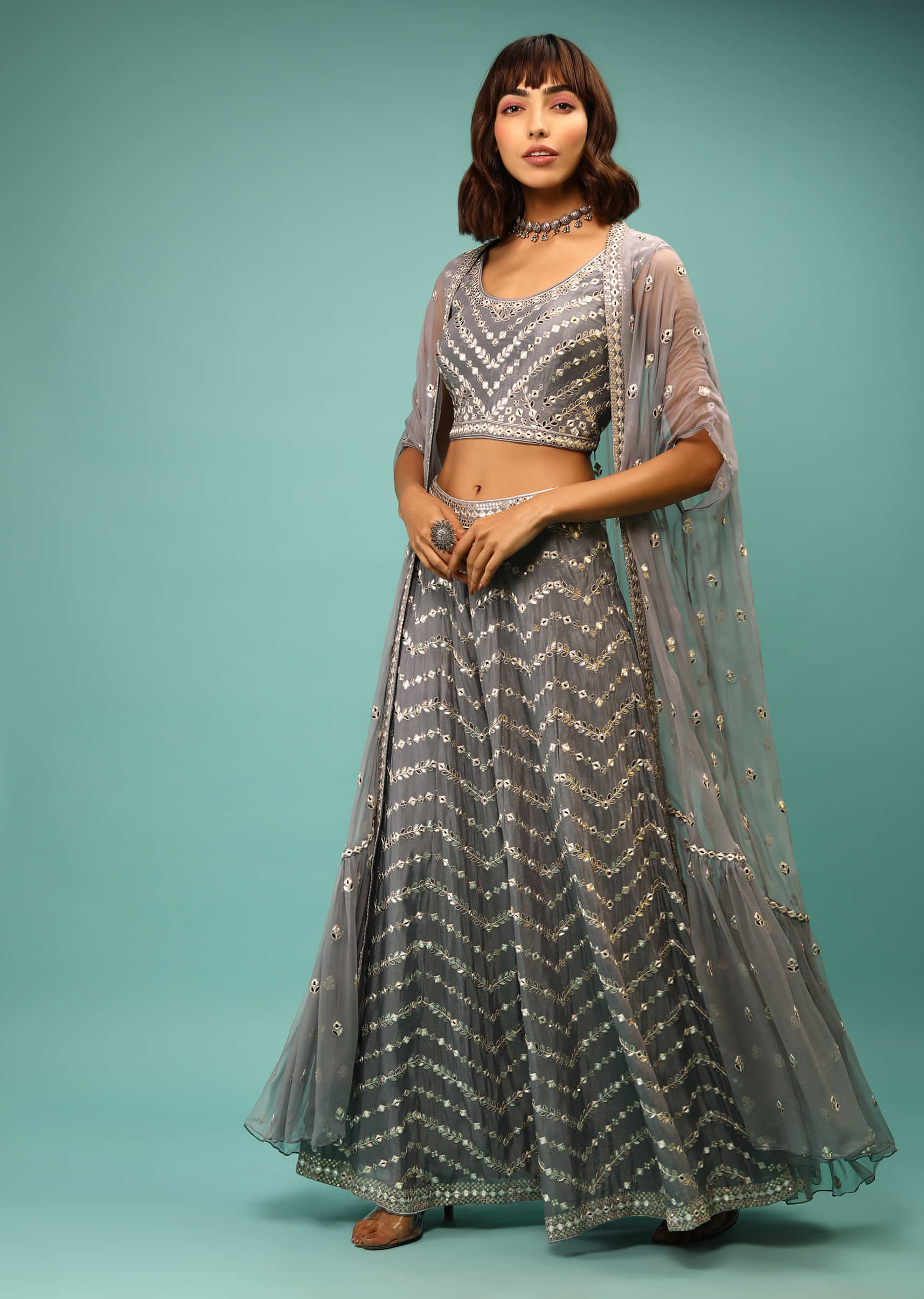Metal Grey Palazzo And Crop Top Suit With Long Jacket And Mirror Abla Embroidery In Chevron Design 