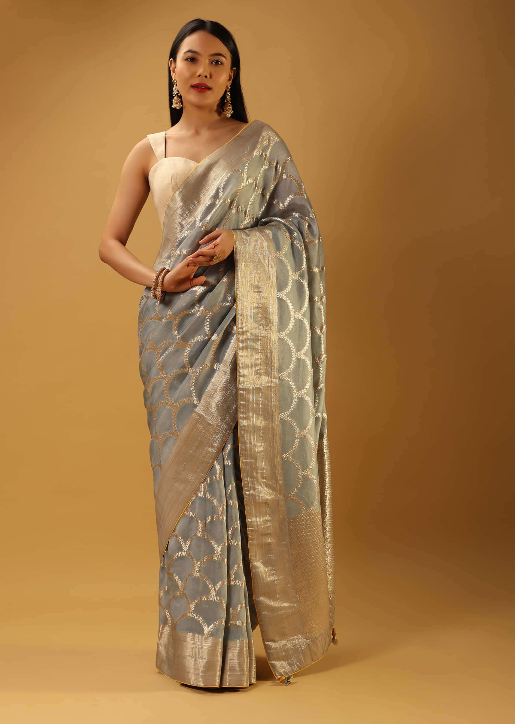 Metal Grey Saree In Organza With Woven Scallop Jaal  