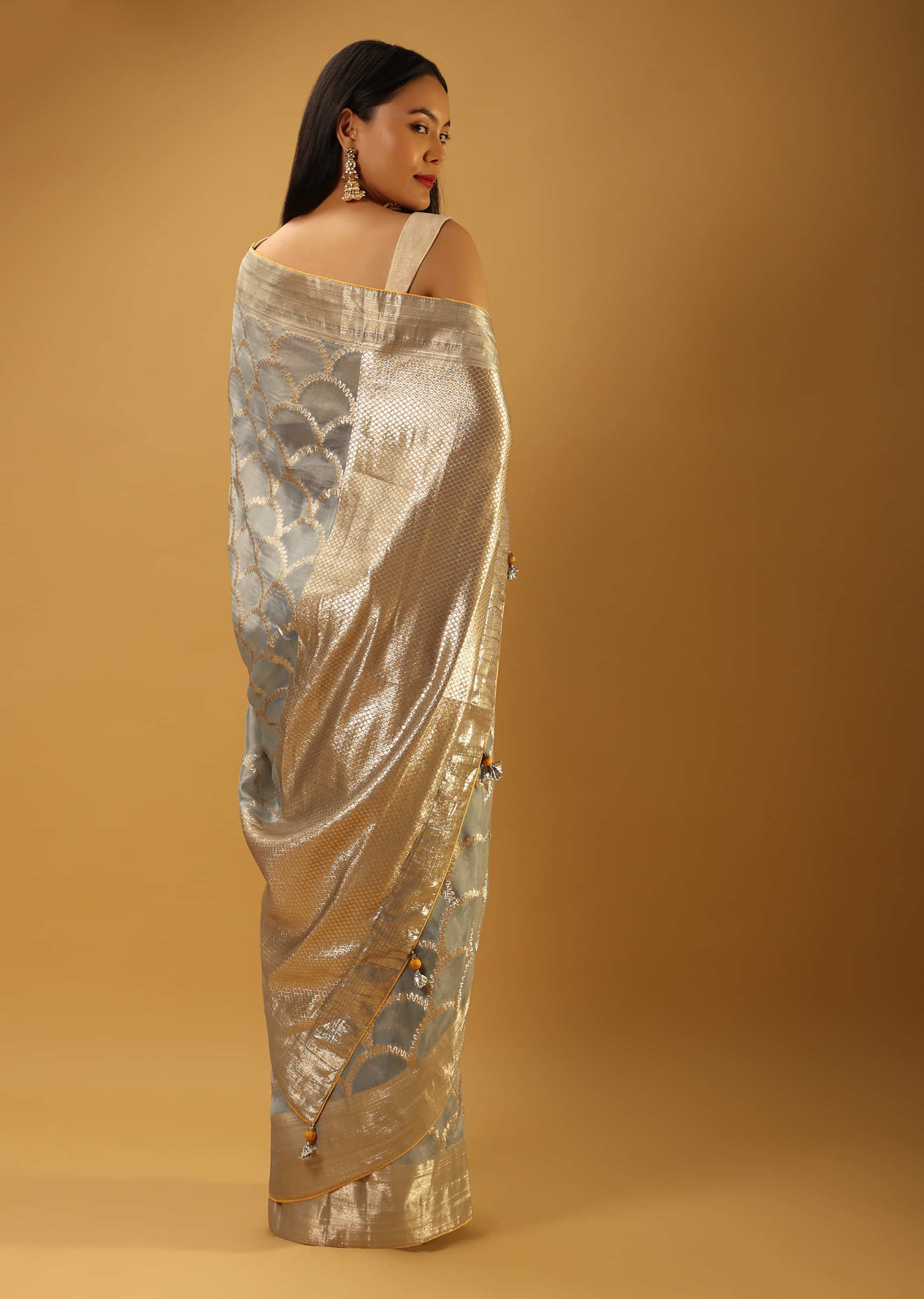 Metal Grey Saree In Organza With Woven Scallop Jaal  