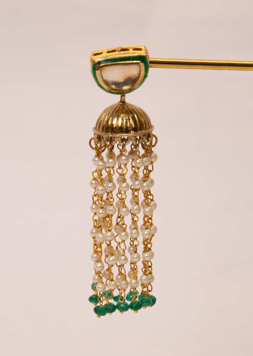 Metallic nano jhumkas with moti chain string dangler