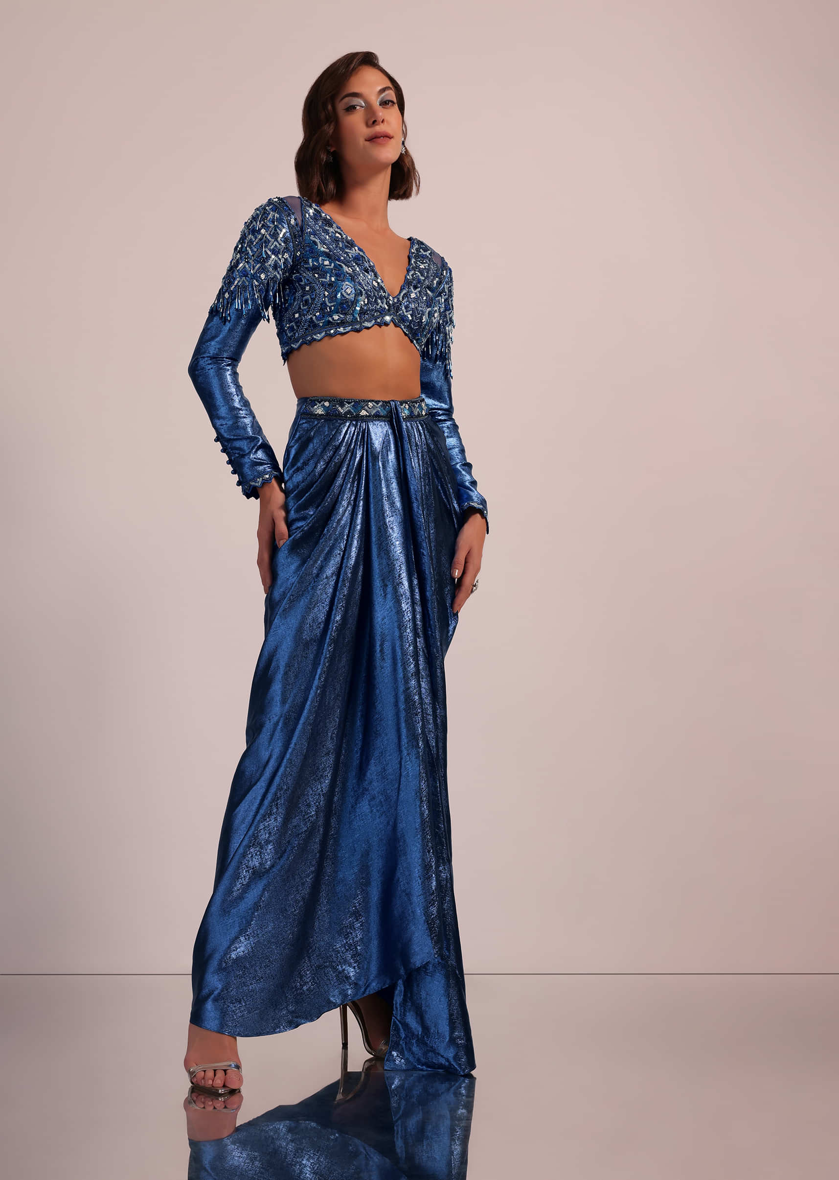 Metallic Blue Draped Skirt And Blouse With Heavy Embroidery