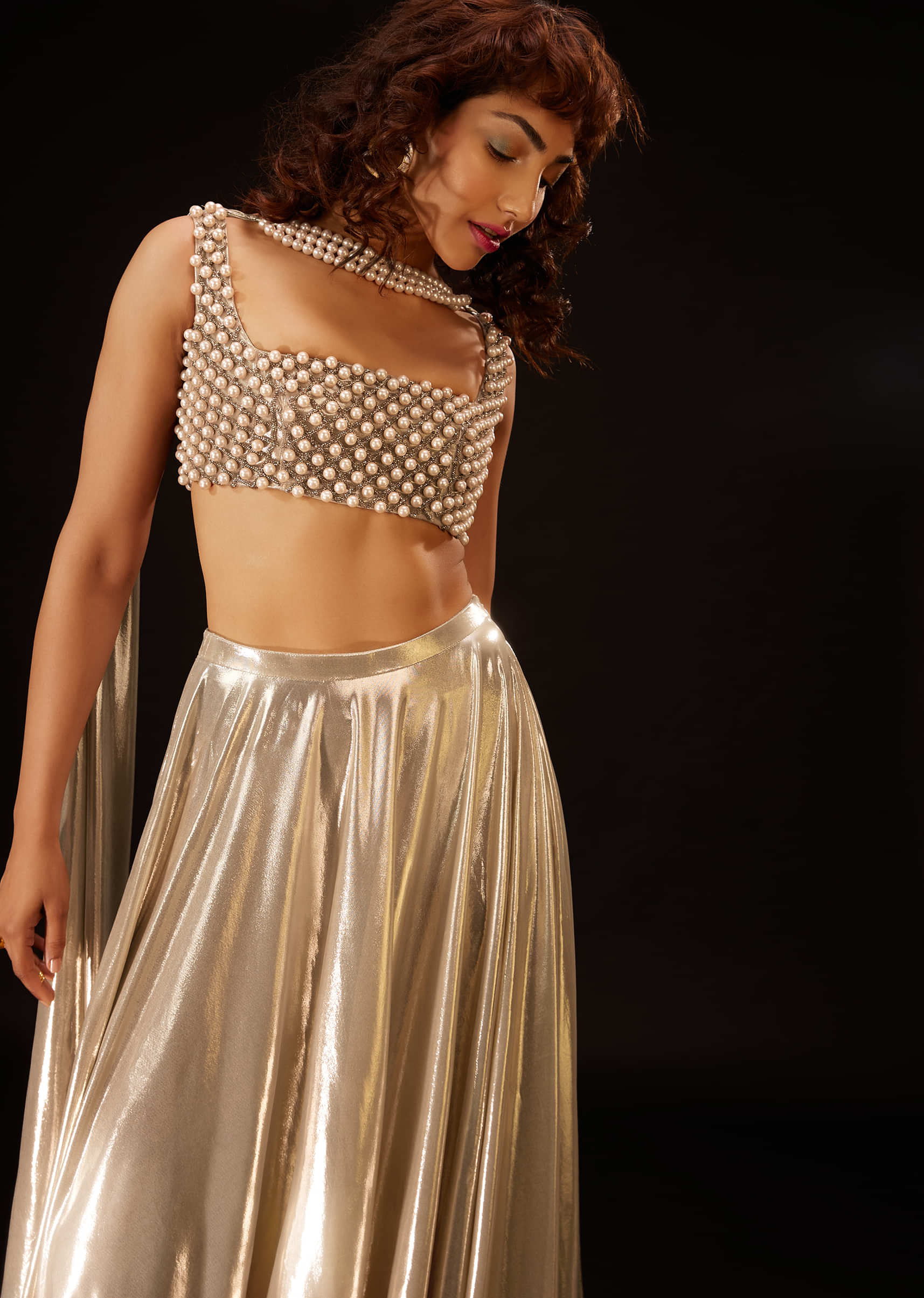 Metallic Gold Skirt And Top Set With Pearl Dupatta - DEME X KALKI