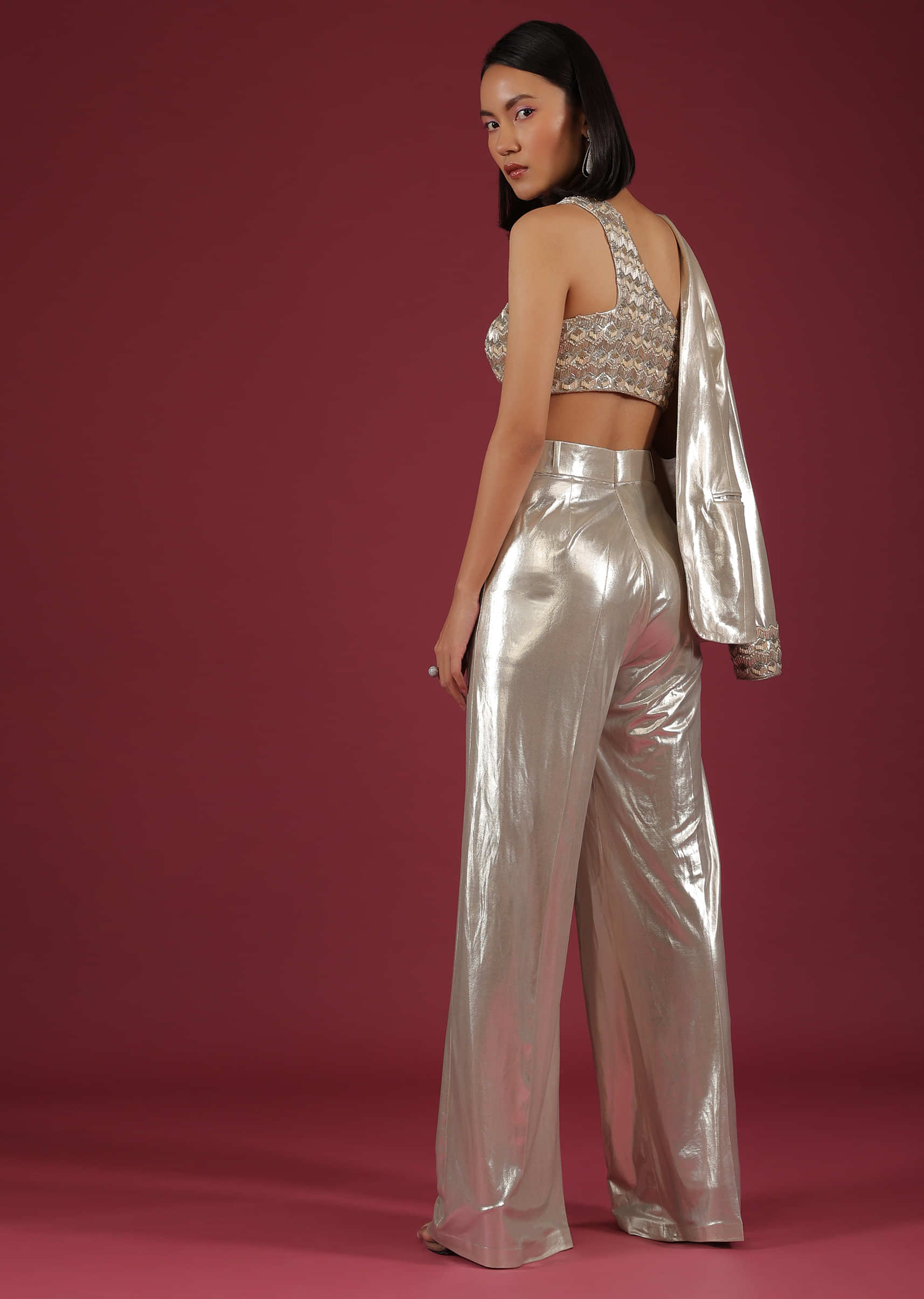 Metallic Oyster Silver Shimmer Straight Pants And A Crop Top Set In Cut Dana Embroidery, Crop Top In Cut Dana Embroidery
