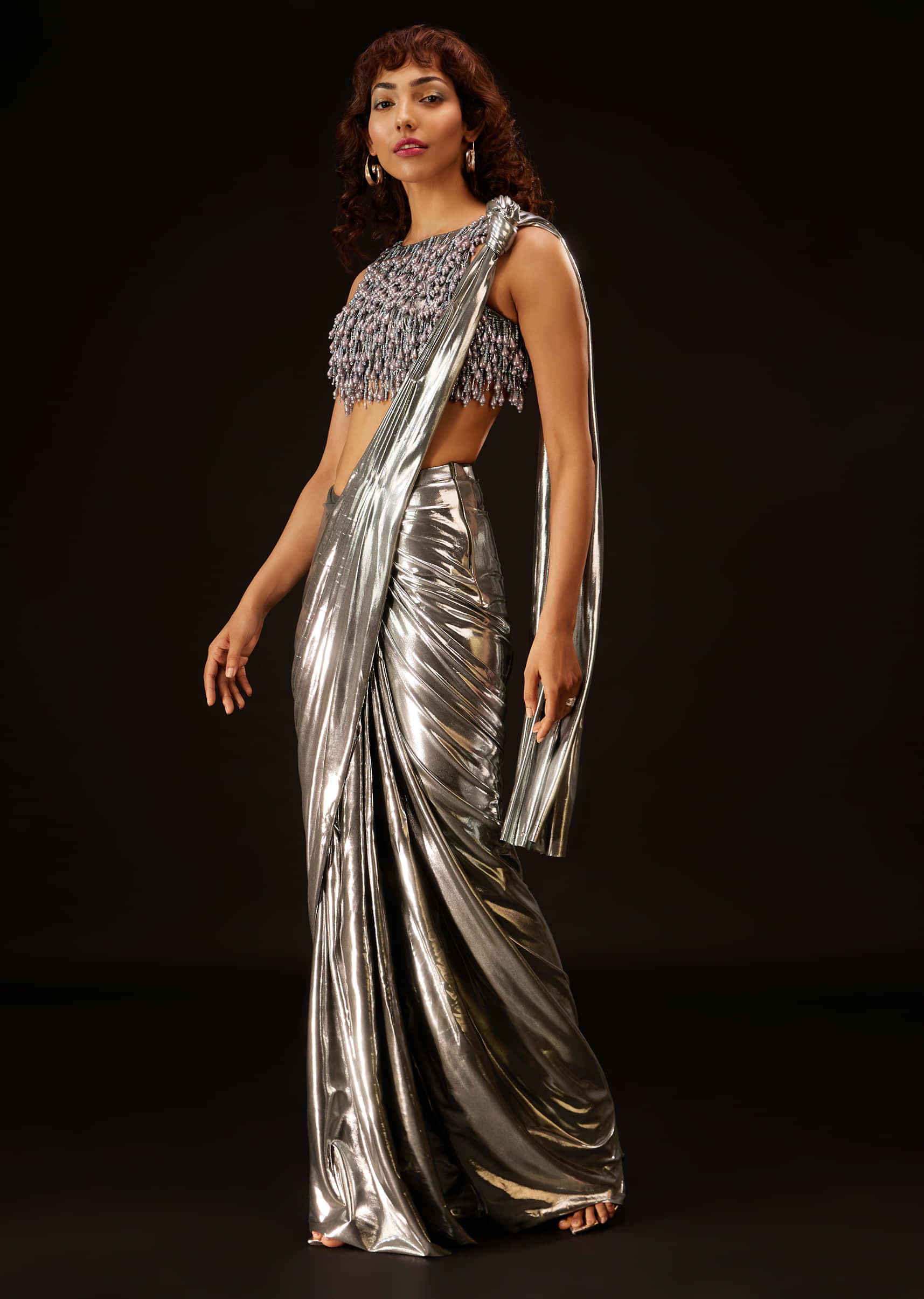 Metallic Silver Pre-Pleated Saree In Satin With An Embroidered Halter Blouse - DEME X KALKI