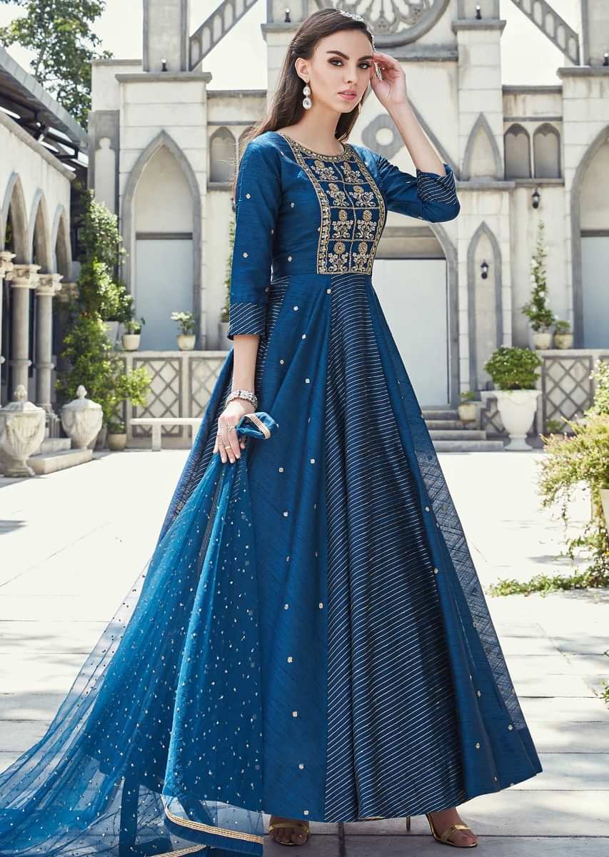 Mid Night Blue Anarkali Suit In Silk With Embroidered Bodice