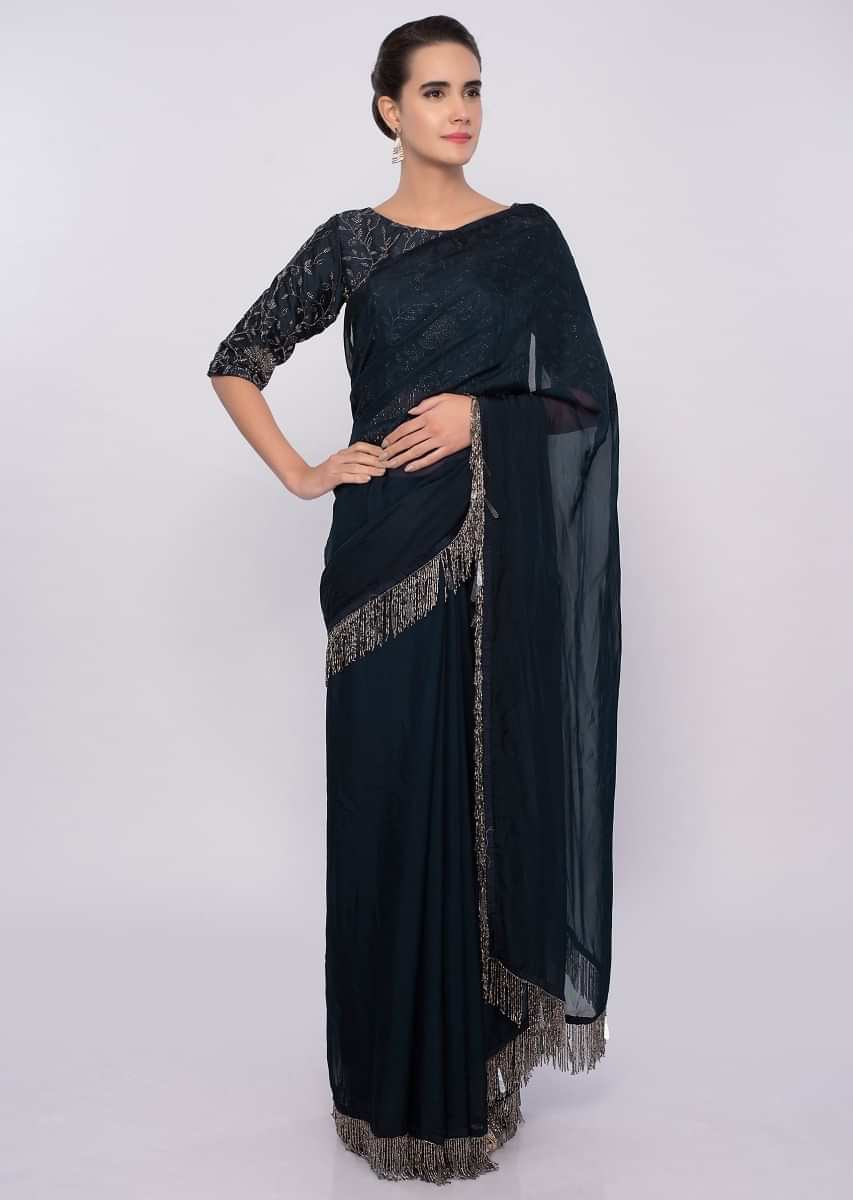 Mid Night Blue Organza Saree With Tasseled Pallu And Border Online - Kalki Fashion
