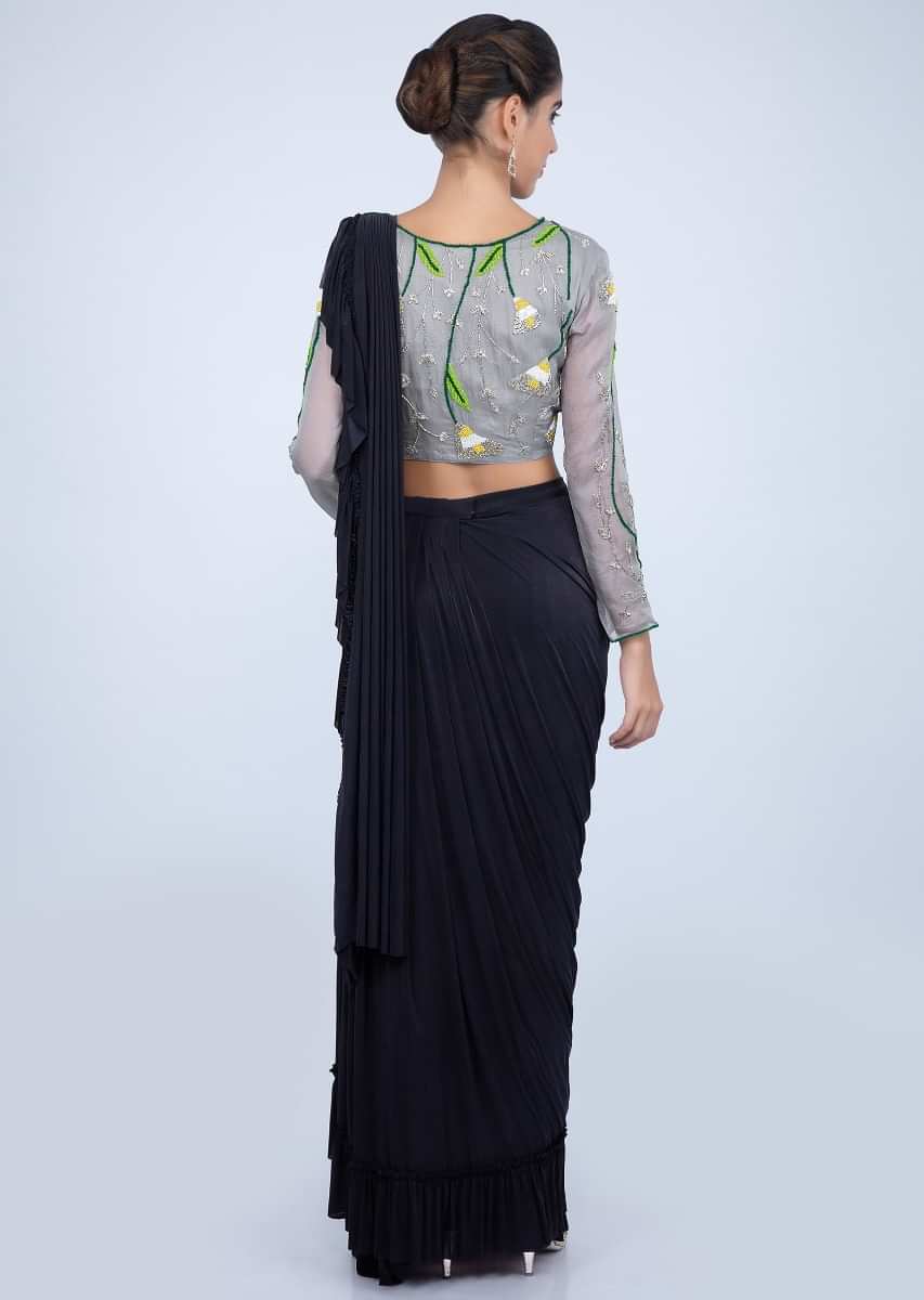 Mid Night Blue Ready Pleated Saree In Lycra With Applique Work Online - Kalki Fashion