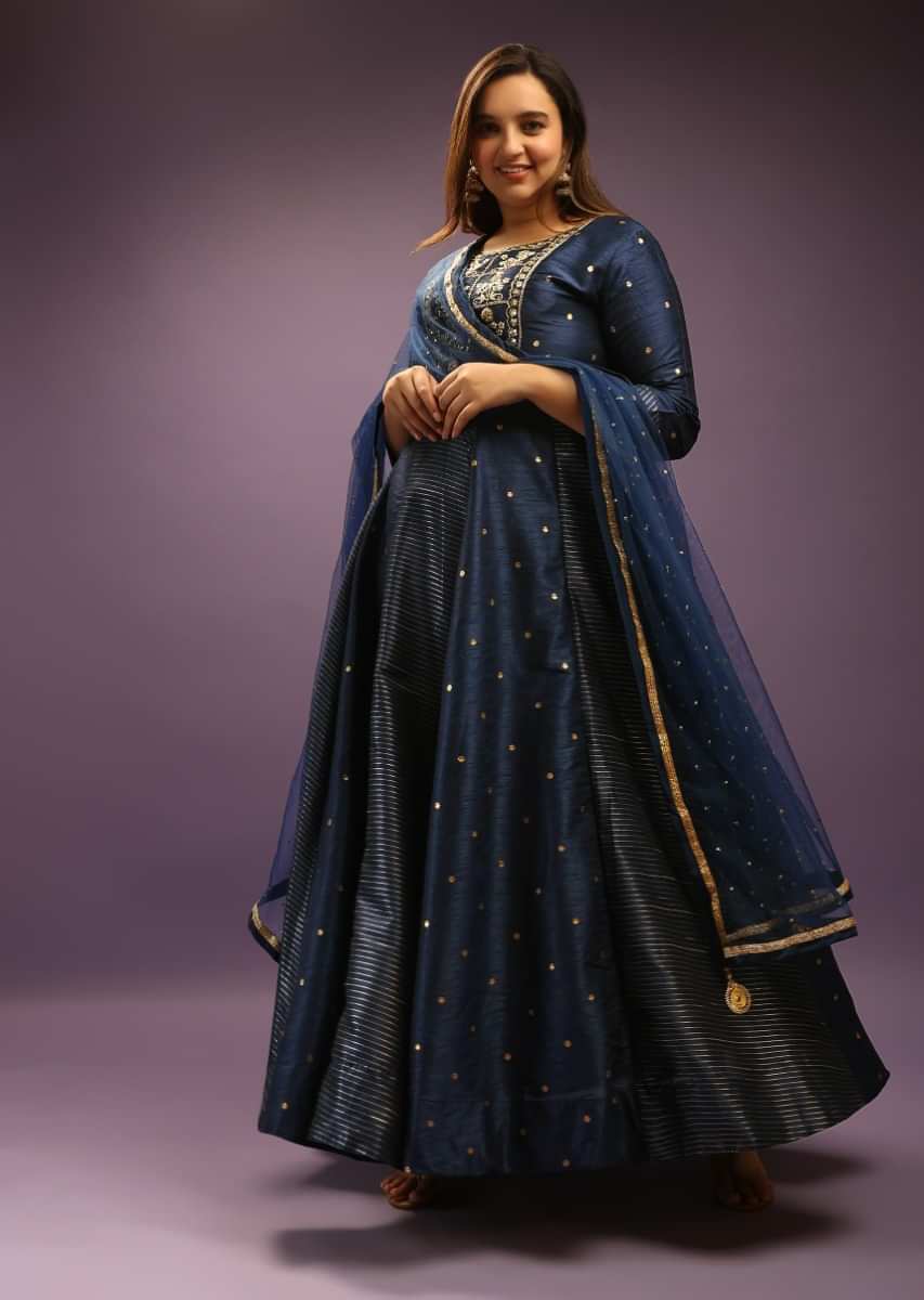 Mid Night Blue Anarkali Suit In Silk With Embroidered Bodice