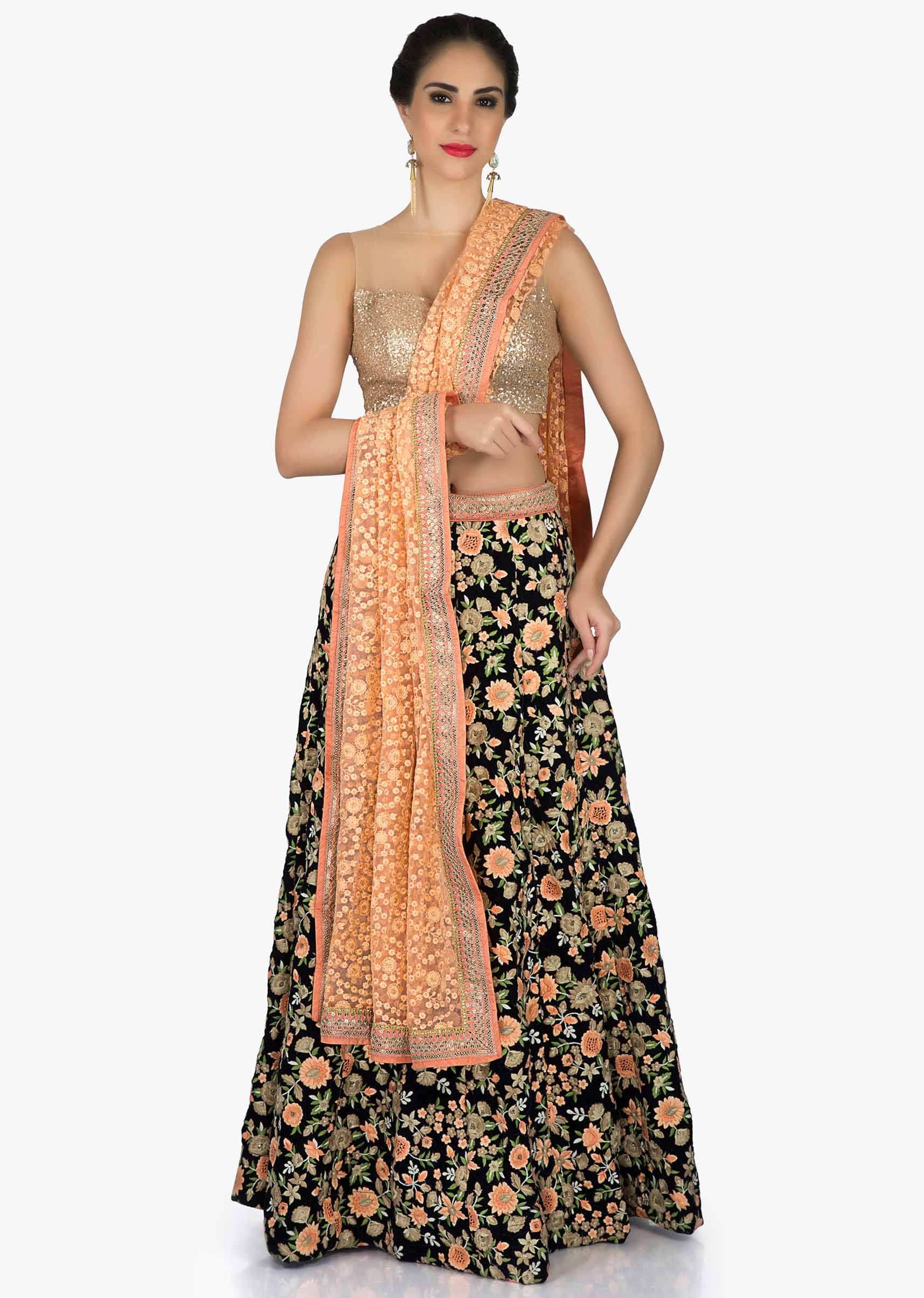 Mid night blue lehenga in floral resham work with contrast blouse  only on Kalki
