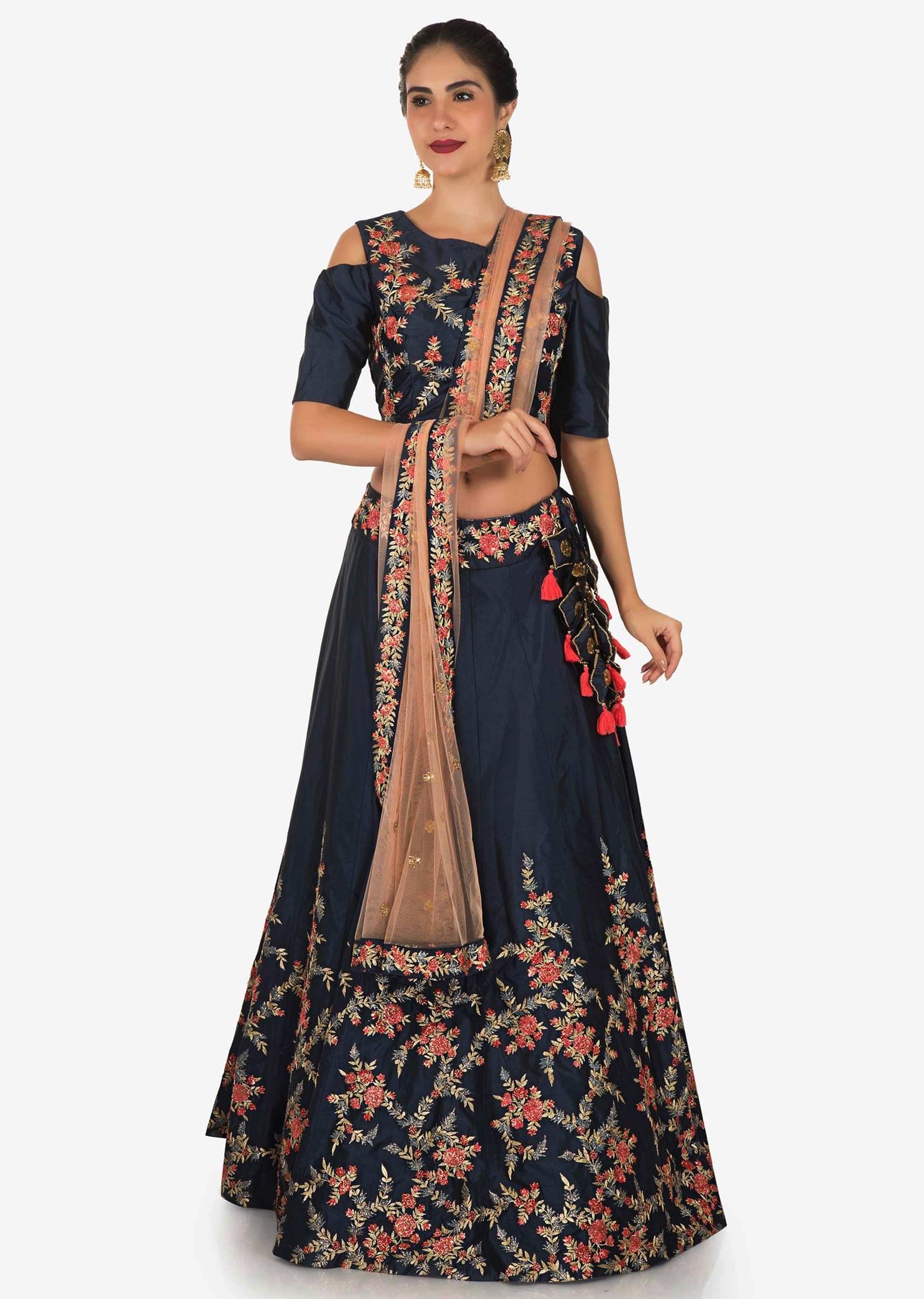Mid Night Blue Lehenga In Resham Embroidery With Cold Shoulder Blouse Online - Kalki Fashion