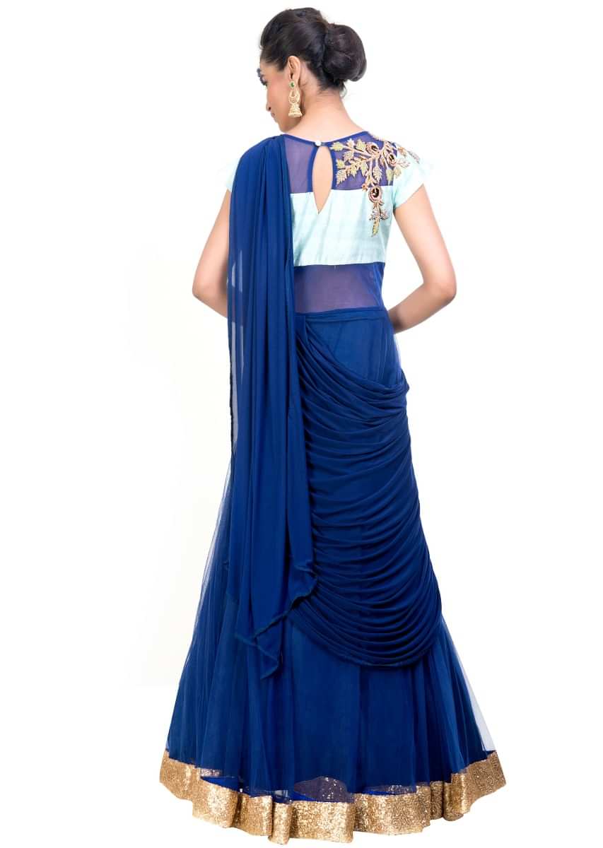 Midnight & Aqua Blue Gown Saree Online - Kalki Fashion