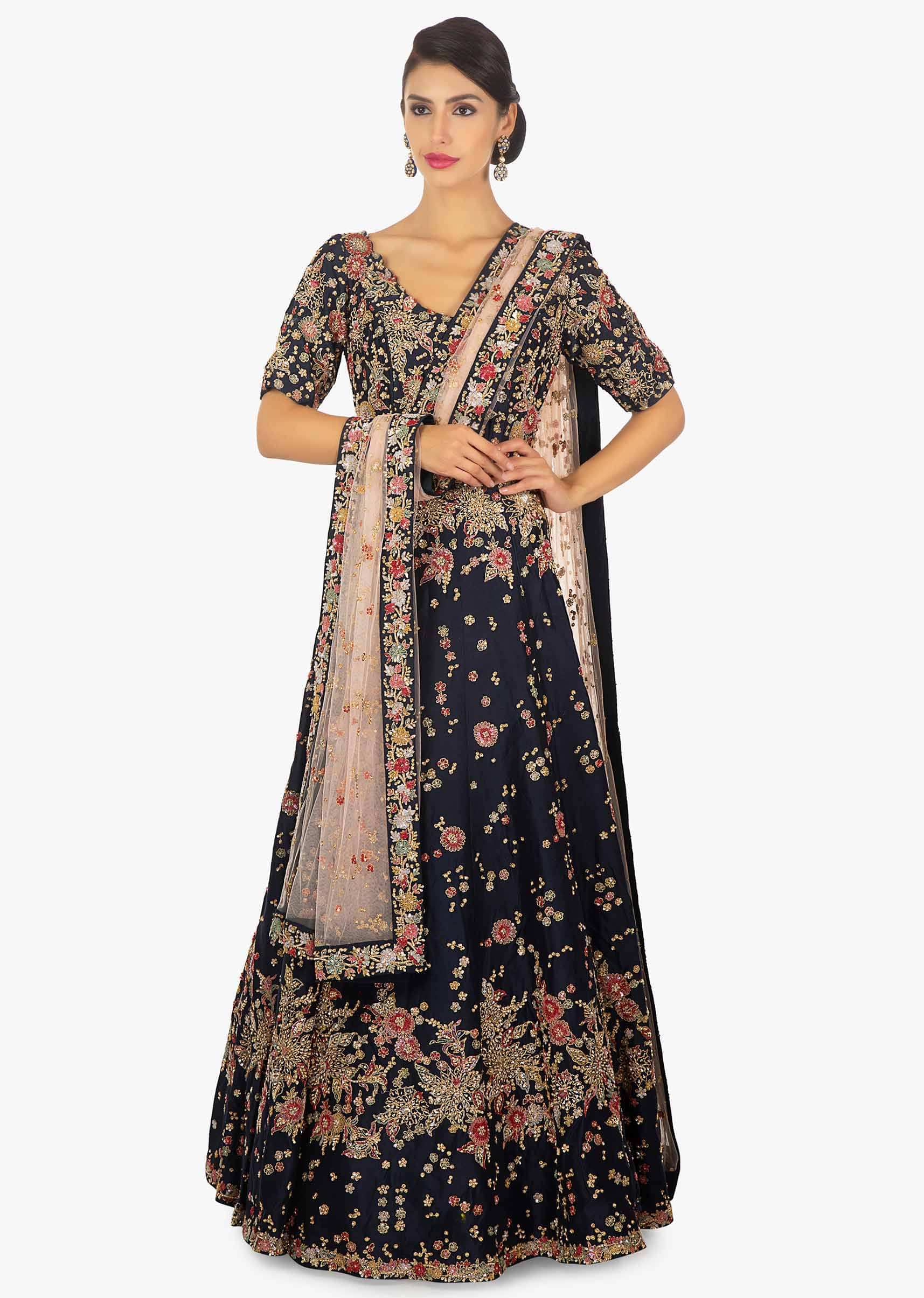 Midnight blue anarkali gown in zari and sequins floral motif