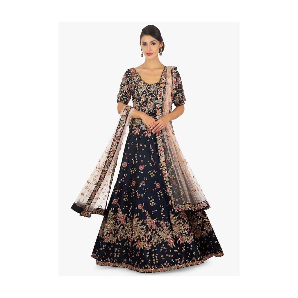 Midnight Blue Anarkali Gown In Zari And Sequins Floral Motif Online - Kalki Fashion