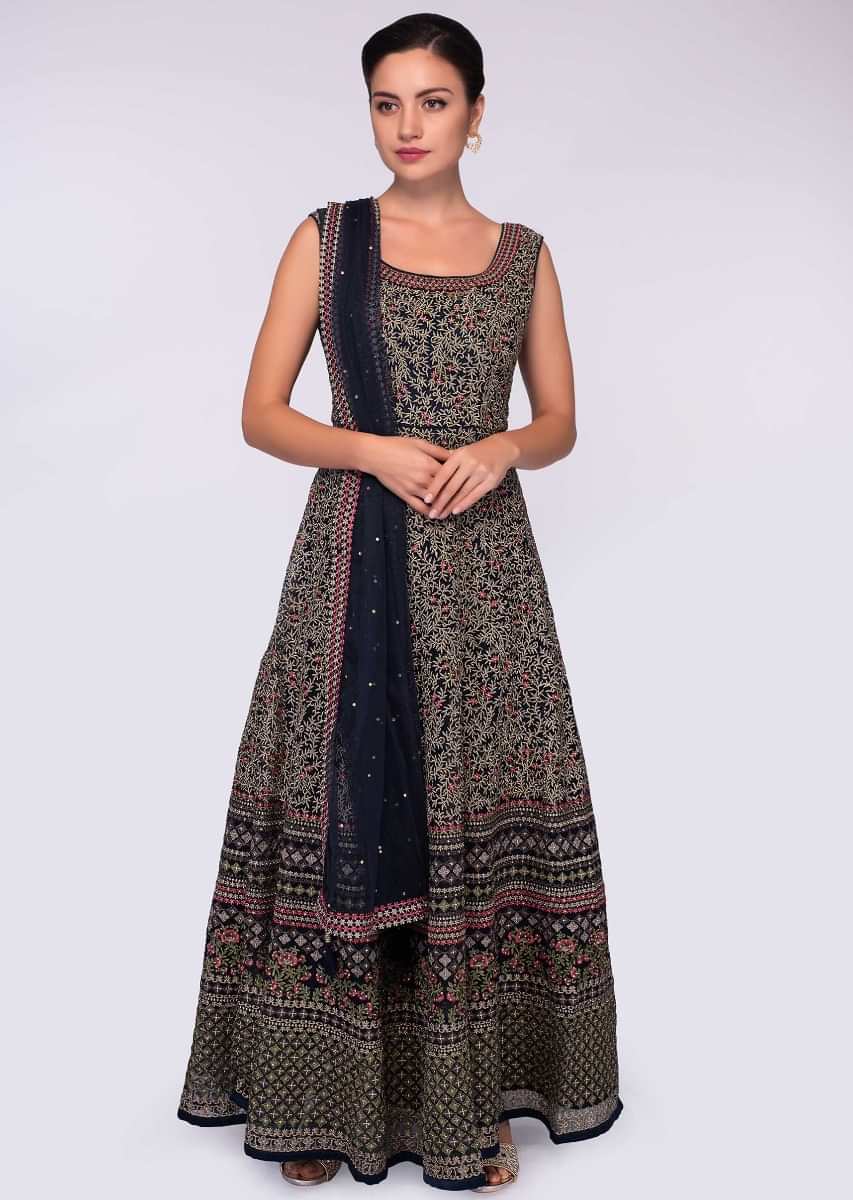 Midnight blue anarkali net gown in jaal embroidery 