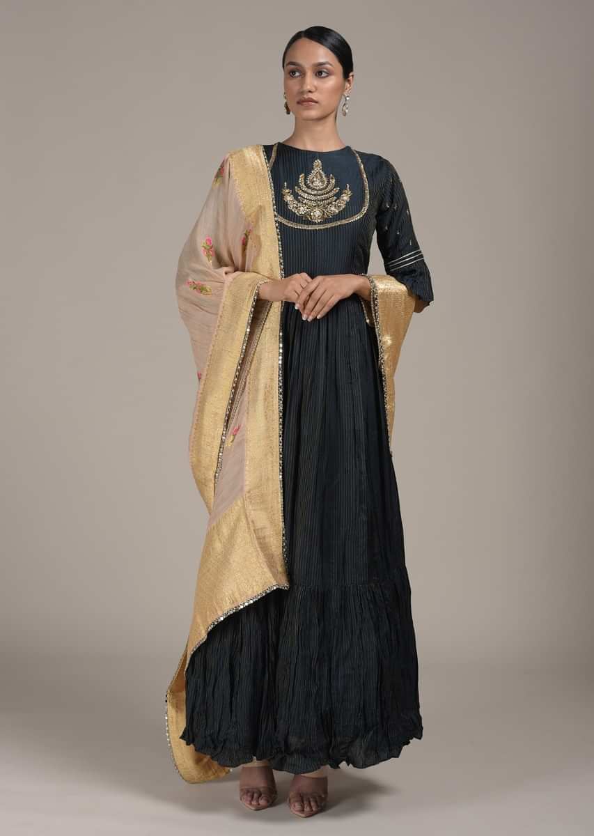 Midnight Blue Anarkali Suit In Cotton With Woven Stripes And Mirror Embroidered Yoke  