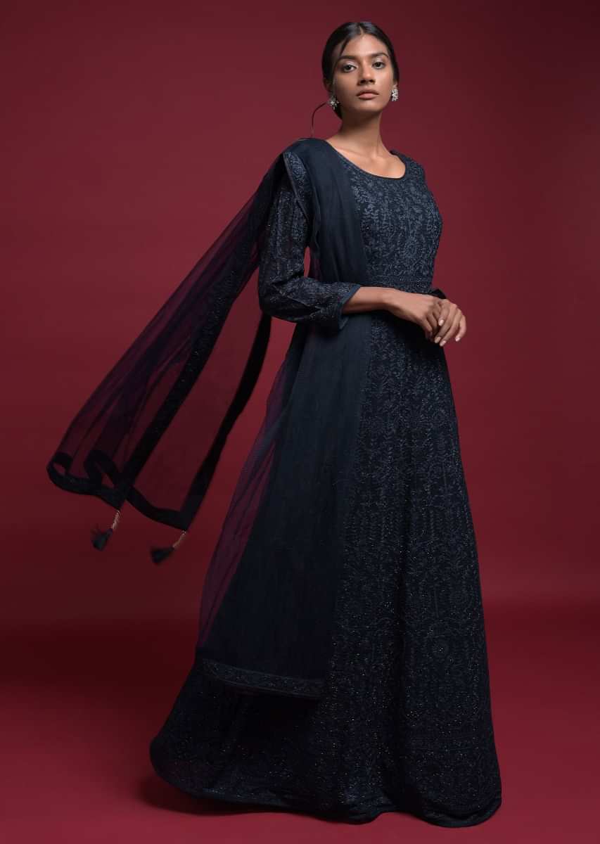 Midnight Blue Anarkali Suit In Georgette With Thread And Kundan Embroidered Floral Pattern  