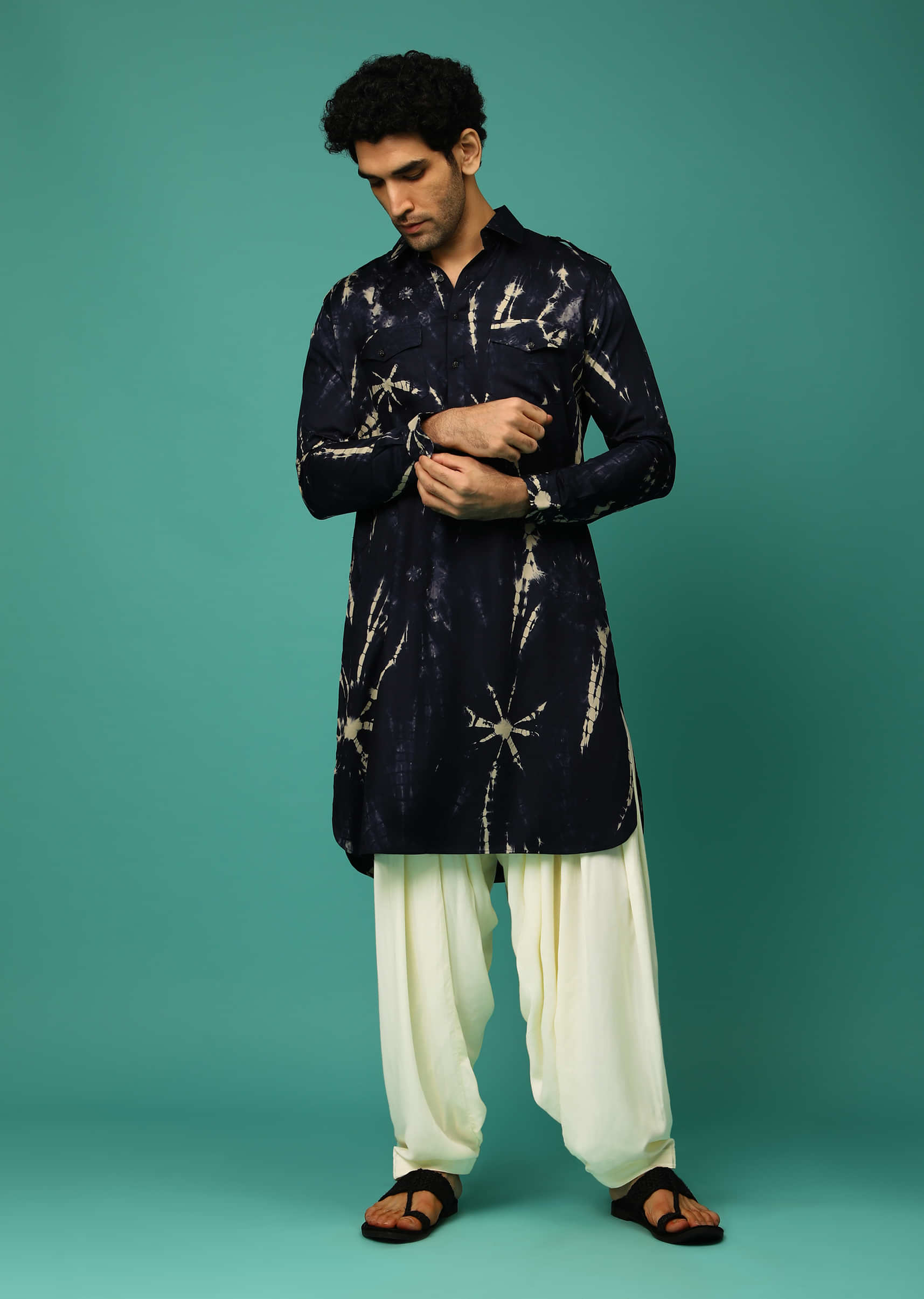 Midnight Blue And Cream Patiala Suit With Tie Dye Print And Pocket Detailing  