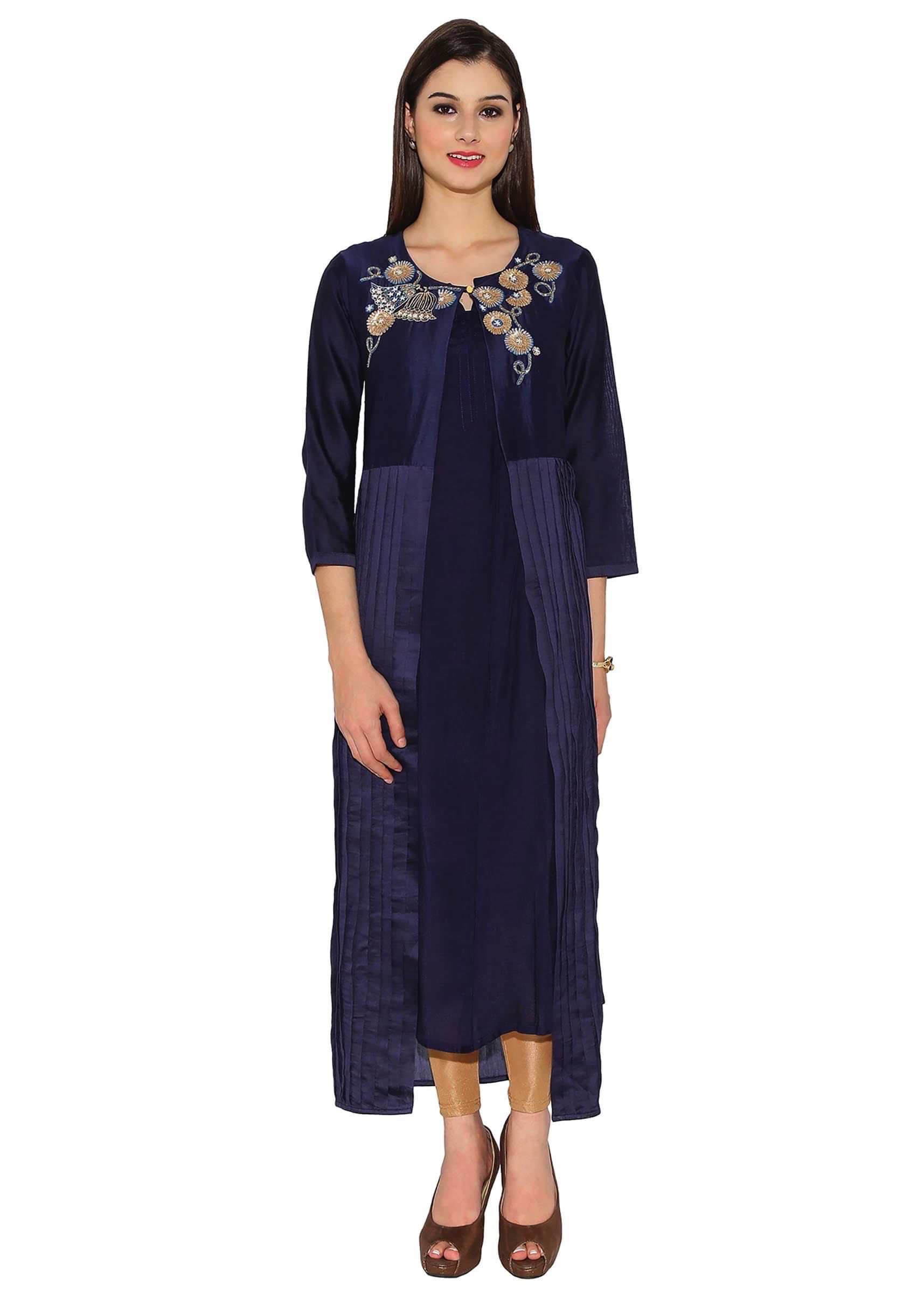 Midnight Blue Cotton Kurti With Single Button Top Jacket And Floral Motifs Around Collar Only On Kalki