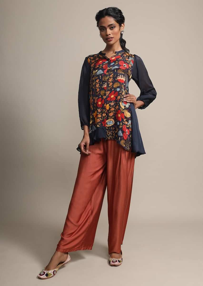 Midnight Blue Digital Floral Printed Top With Contrasting Brown Pants  