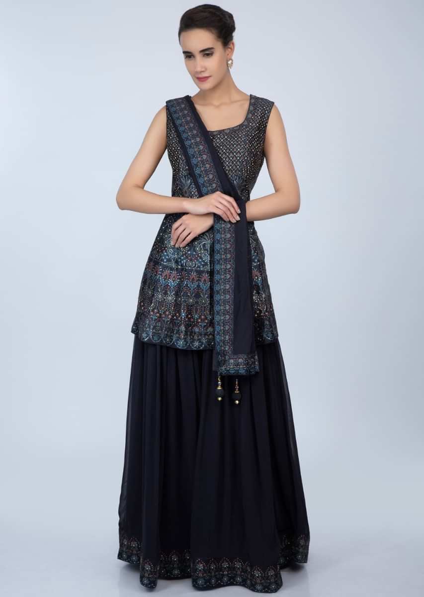 Midnight blue digital printed raw silk suit with matching palazzo only on Kalki