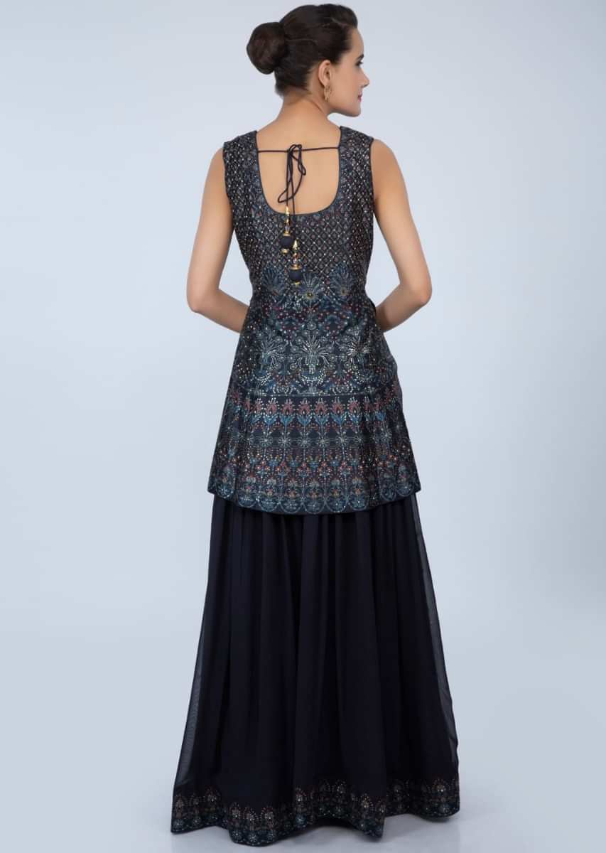 Midnight blue digital printed raw silk suit with matching palazzo only on Kalki
