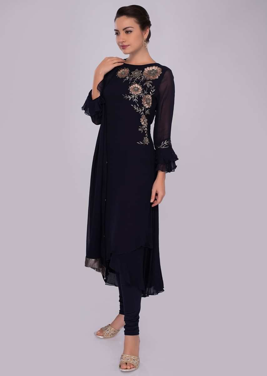 Midnight blue front short back long embroidered suit with lycra pant and georgette dupatta