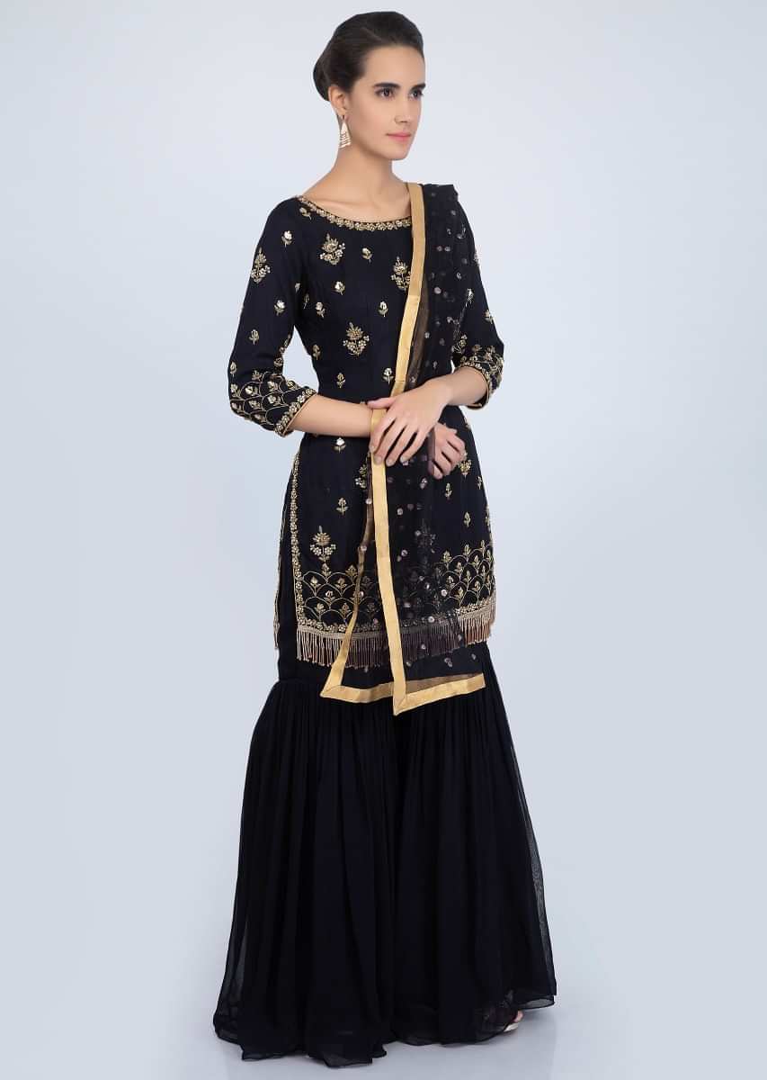 Midnight Blue Suit Set In Georgette With Embroidered Butti And Border Online - Kalki Fashion
