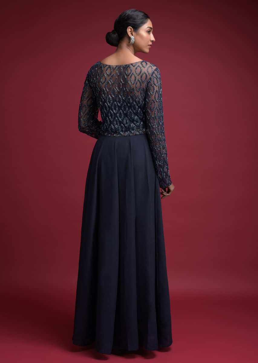 Midnight Blue Gown In Crepe With Cut Dana Embellished Bodice
