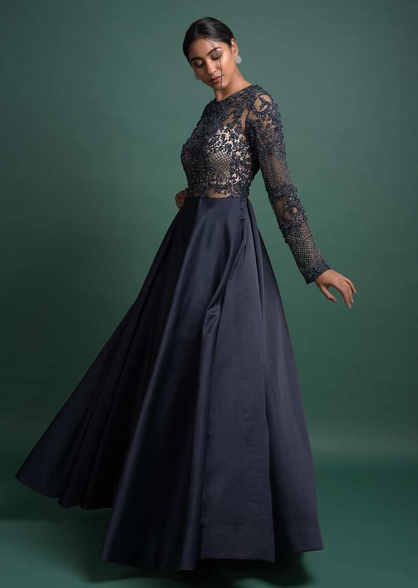 Buy Midnight Blue Gown In Milano With Embellished Net Bodice Online ...