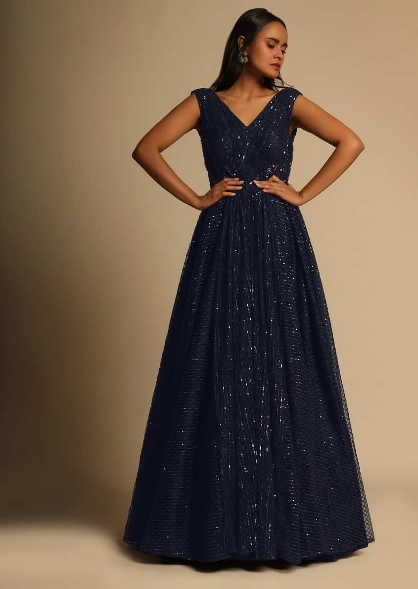 Midnight Blue Gown In Sequins Embellished Net With Ruching In The Front And Sheer Sides
