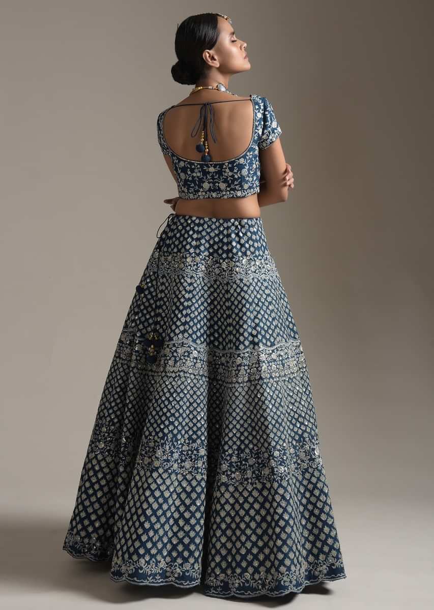 Midnight Blue Lehenga Choli In Raw Silk With Thread And Sequins Embroidered Buttis And Floral Design 