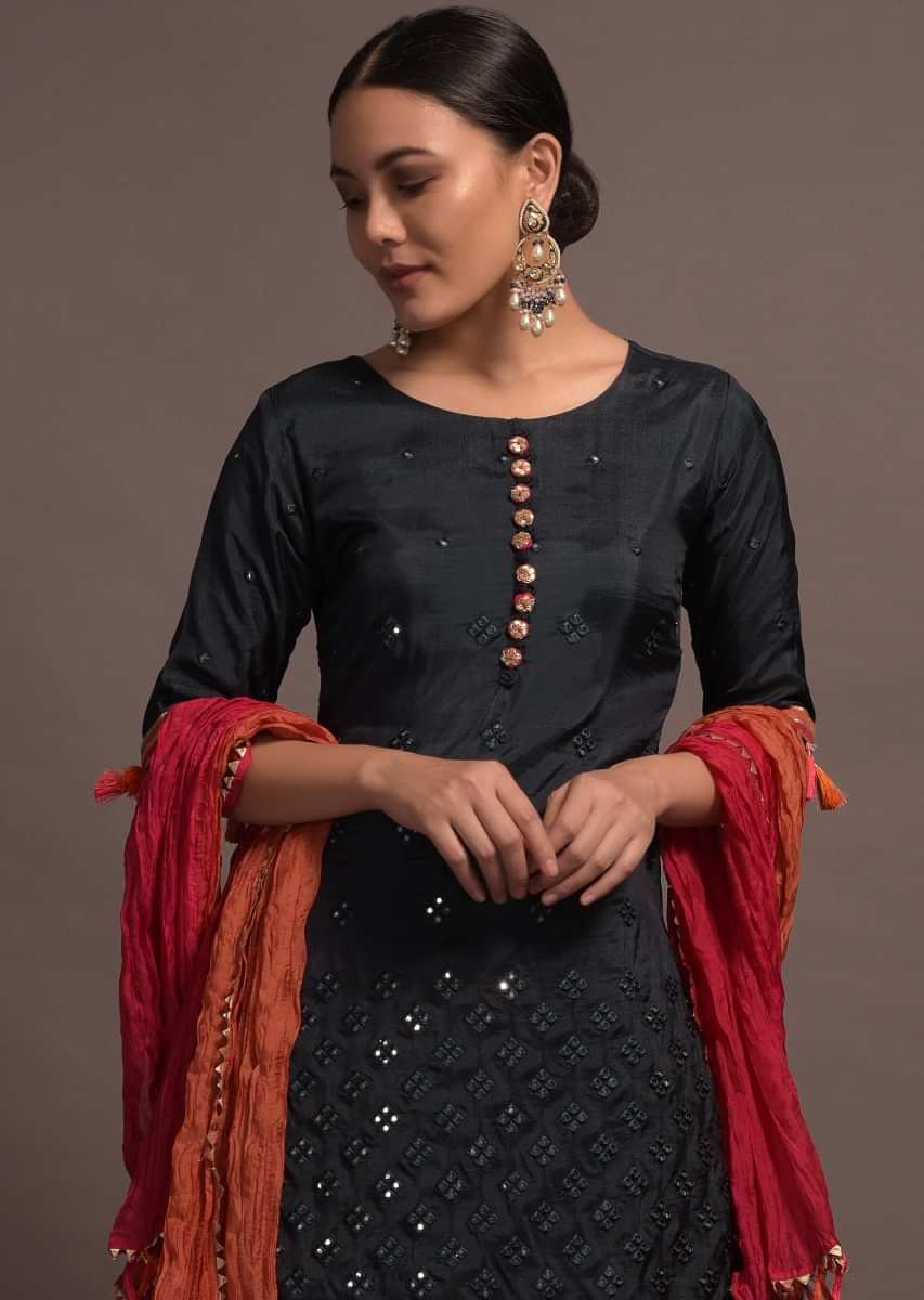 Midnight Blue Mirror Embroidered Sharara Suit With Zari And Thread Work