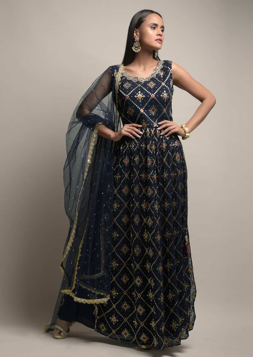 Buy Midnight Blue Palazzo Suit In Georgette With Woven Geometric Jaal And Bandhani Design Online