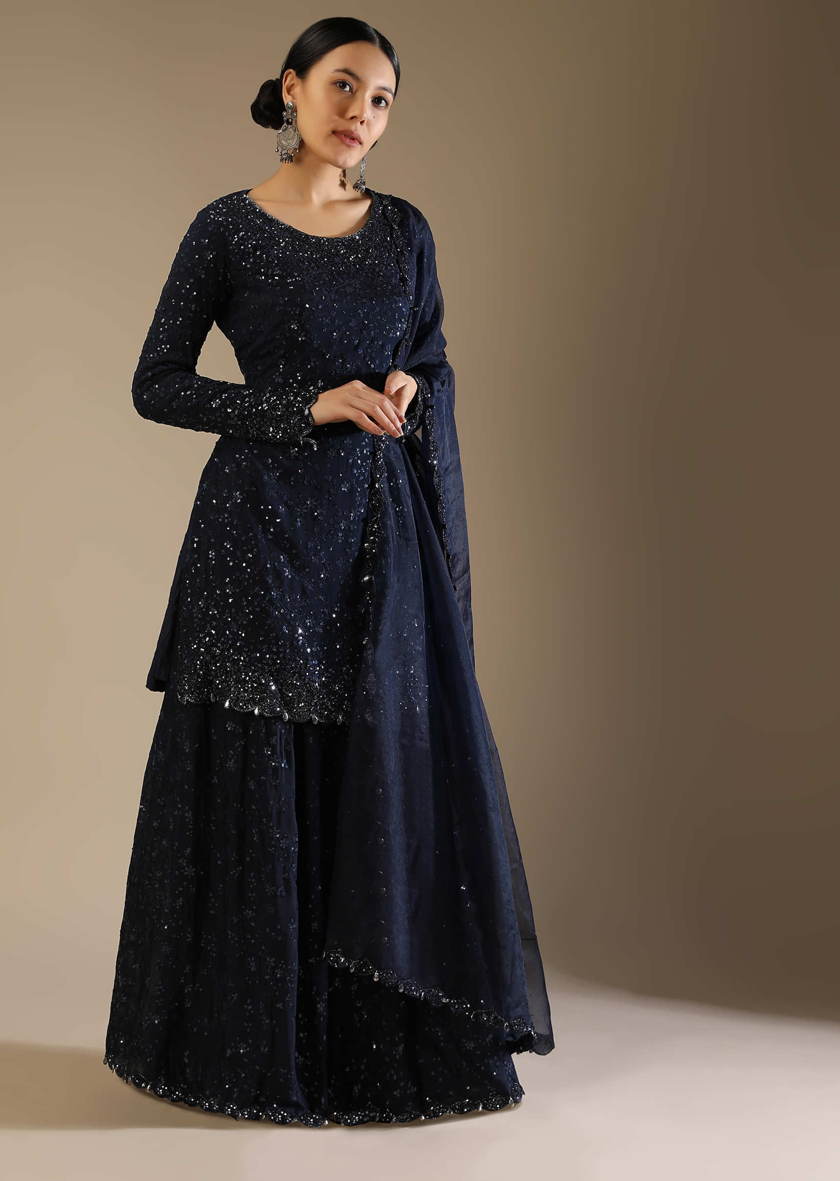 Buy Midnight Blue Palazzo Suit With Sequins Work All Over And A Scallop ...