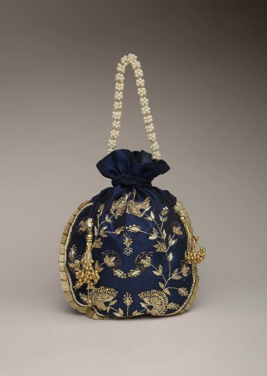 Midnight Blue Potli Bag In Raw Silk With Hand Embroidered Floral Design Using Sequins And Zardosi