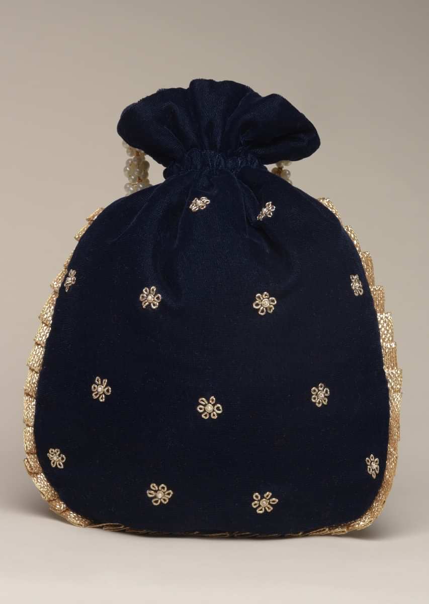 Midnight Blue Potli Bag In Velvet With Hand Embroidered Floral Motif Using Sequins And Zardosi