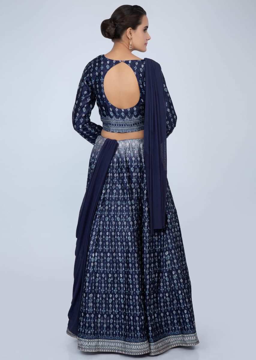 Midnight Blue Lehenga In Printed Raw Silk With Matching Blouse With Attached Drape Lycra Dupatta Online - Kalki Fashion
