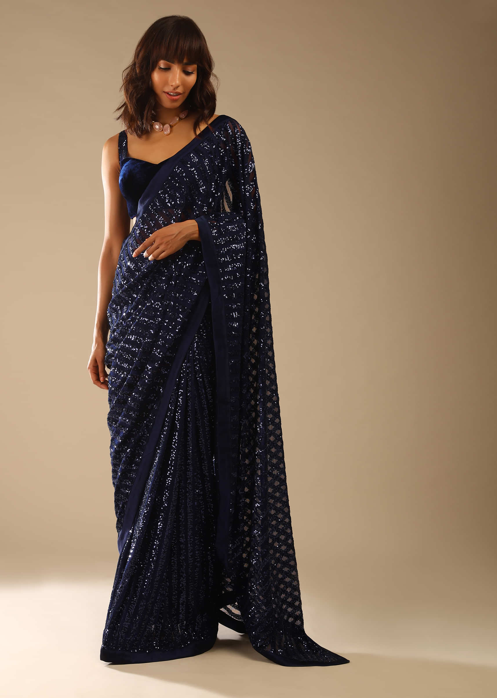 Midnight Blue Ready-To-Wear Sequins Saree With Velvet Blouse