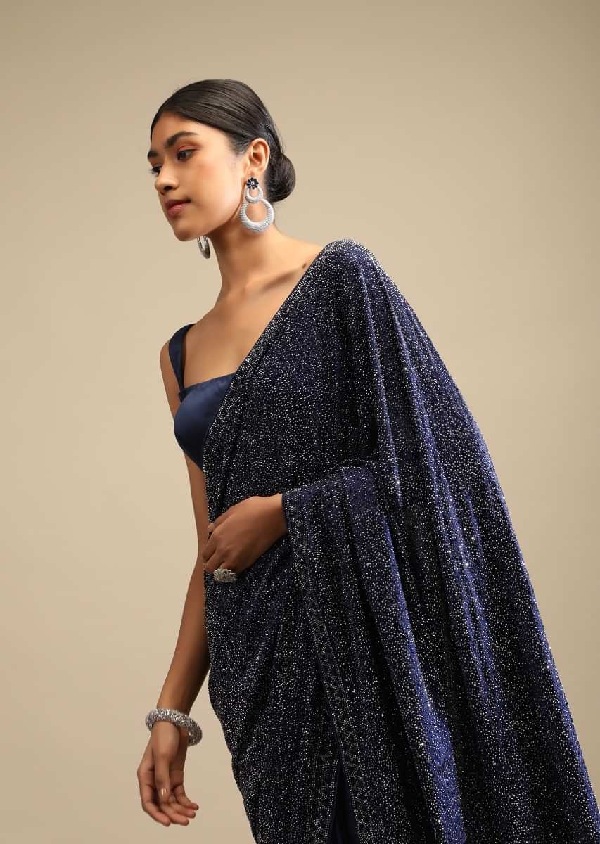 Midnight Blue Saree In Satin With A Heavy Embellished Pallu Using Scattered Sequins And Unstitched Blouse  