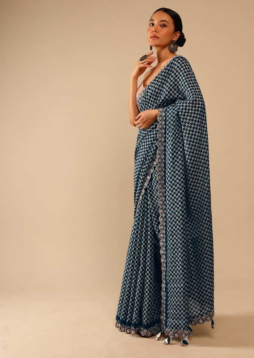Midnight Blue Saree In Soft Silk With Printed Floral Buttis In Checks Design And Gotta Embroidered Border