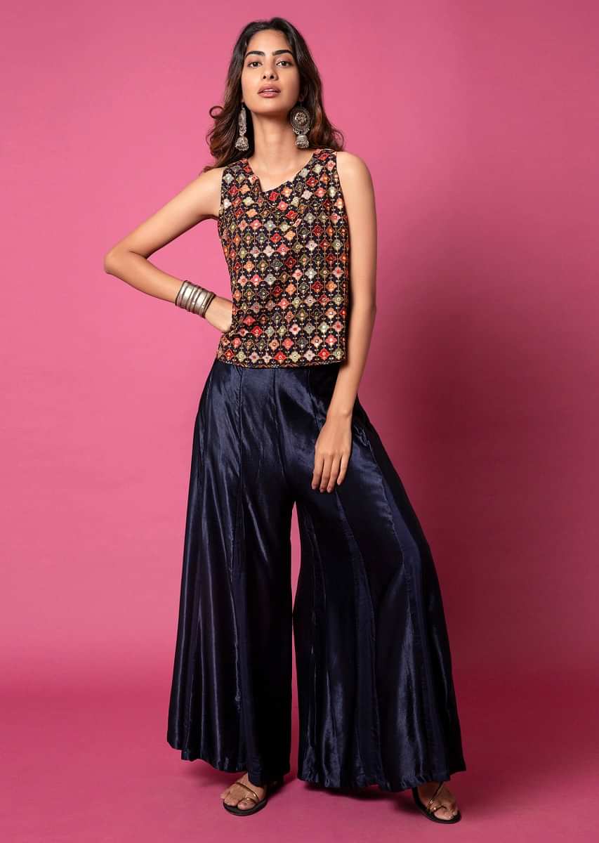 Midnight Blue Top And Paneled Sharara Pants With Thread Embroidery And Tassel Detailing  
