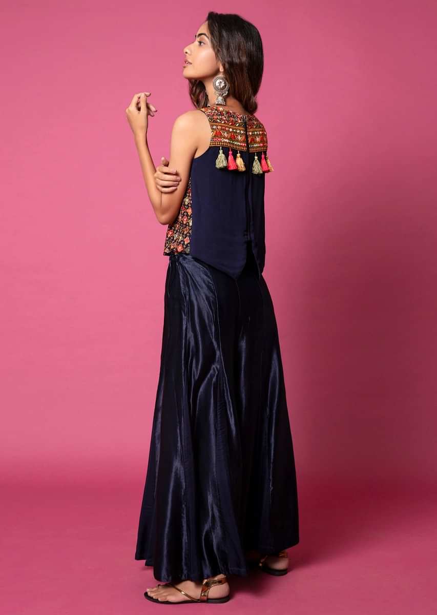 Midnight Blue Top And Paneled Sharara Pants With Thread Embroidery And Tassel Detailing  
