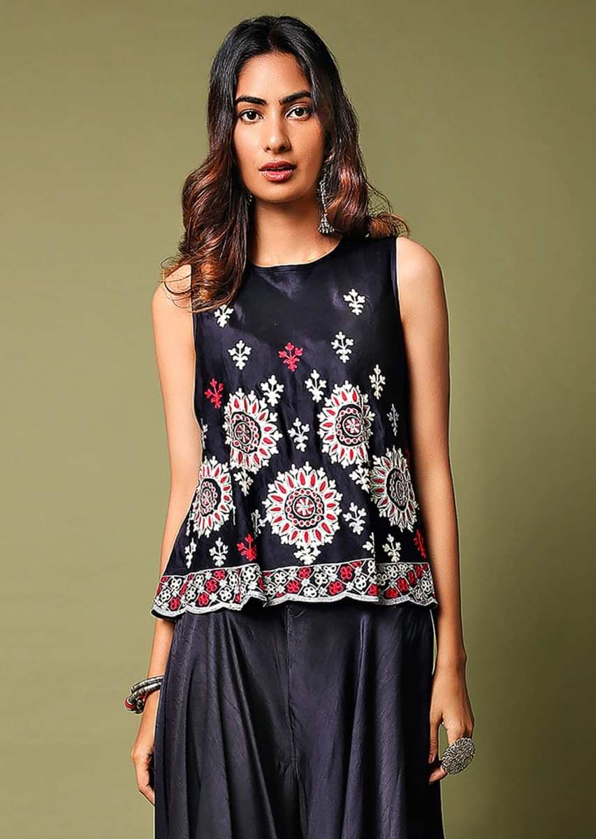 Midnight Blue Top And Waterfall Palazzo Pants Set Adorned In Aari Embroidery  