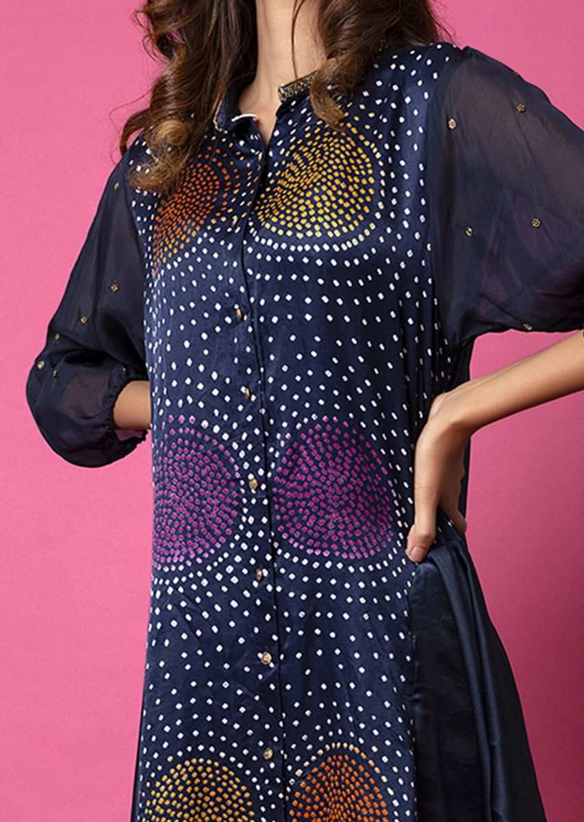 Midnight Blue Tunic Featuring Multi Colored Bandhani And Balloon Sleeves Paired With Tulip Pants  