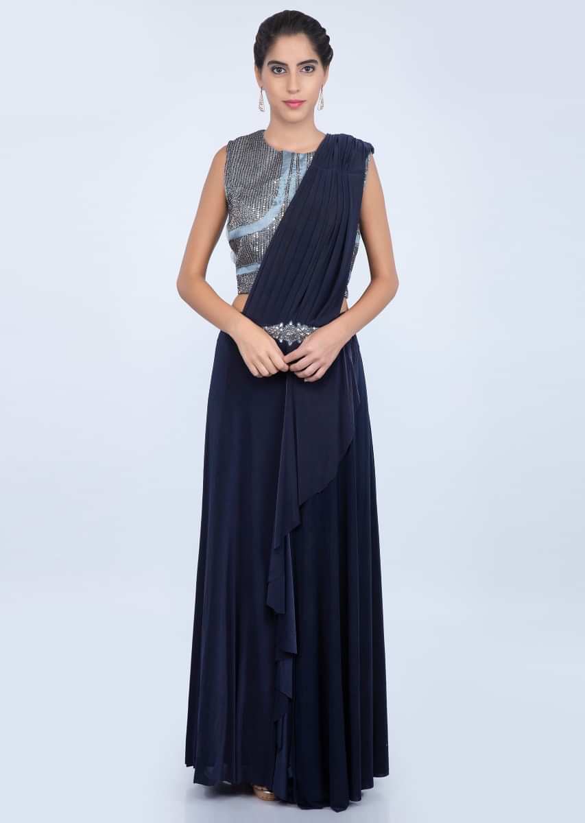Midnight blue wrap around lycra saree with embroidered applique waist only on kalki