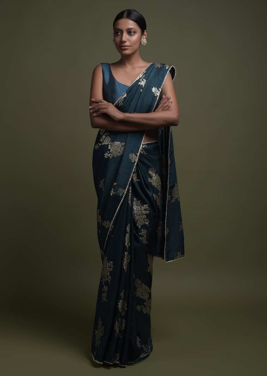 Midnight Teal Saree In Silk Blend With Weaved Floral Motifs In Repeat Pattern
